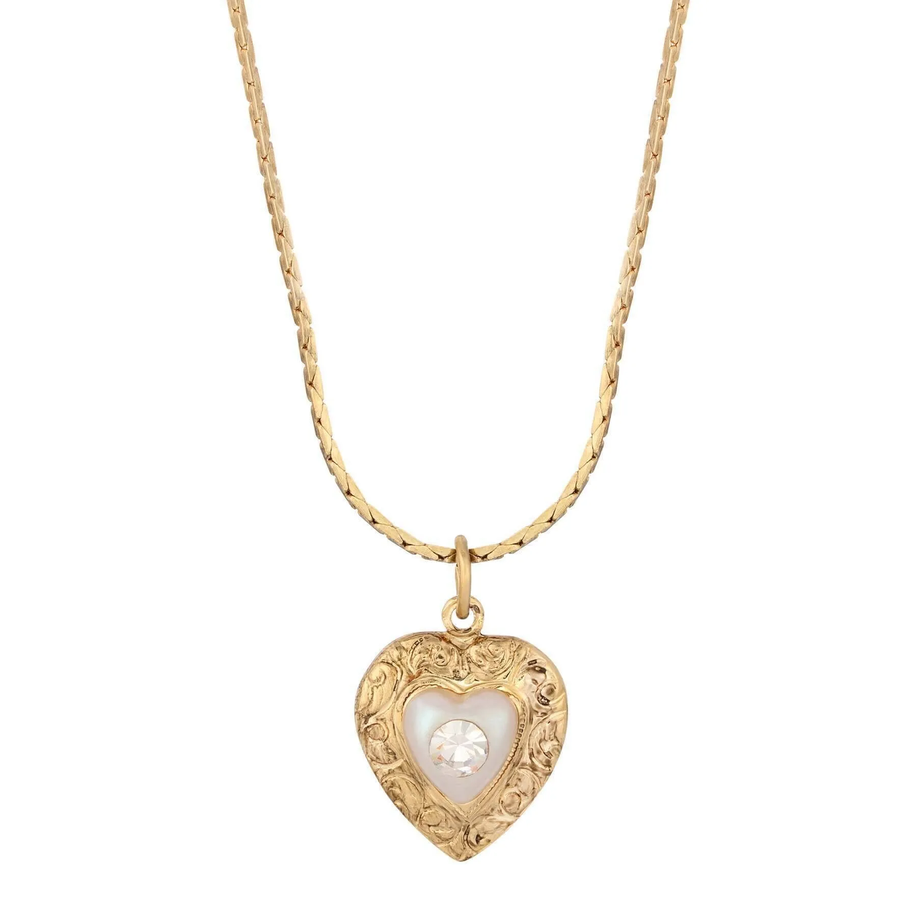 1928 Jewelry Faux Pearl Heart & Crystal Pendant Necklace 15 + 3 Extender