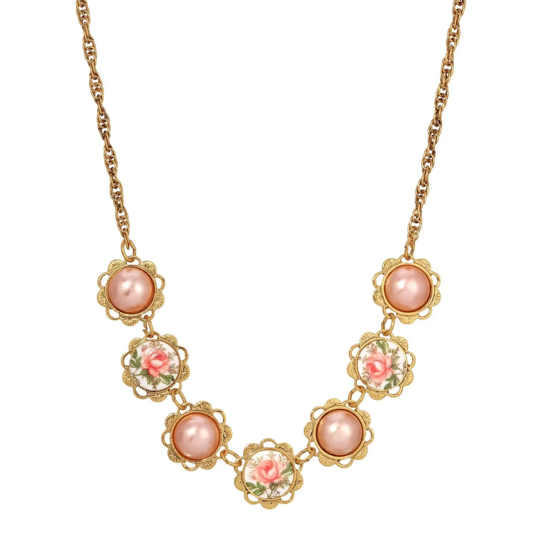 1928 Jewelry Rosabella Raspberry Faux Pearls & Garden Pink Rose Necklace 15 + 3 Extension