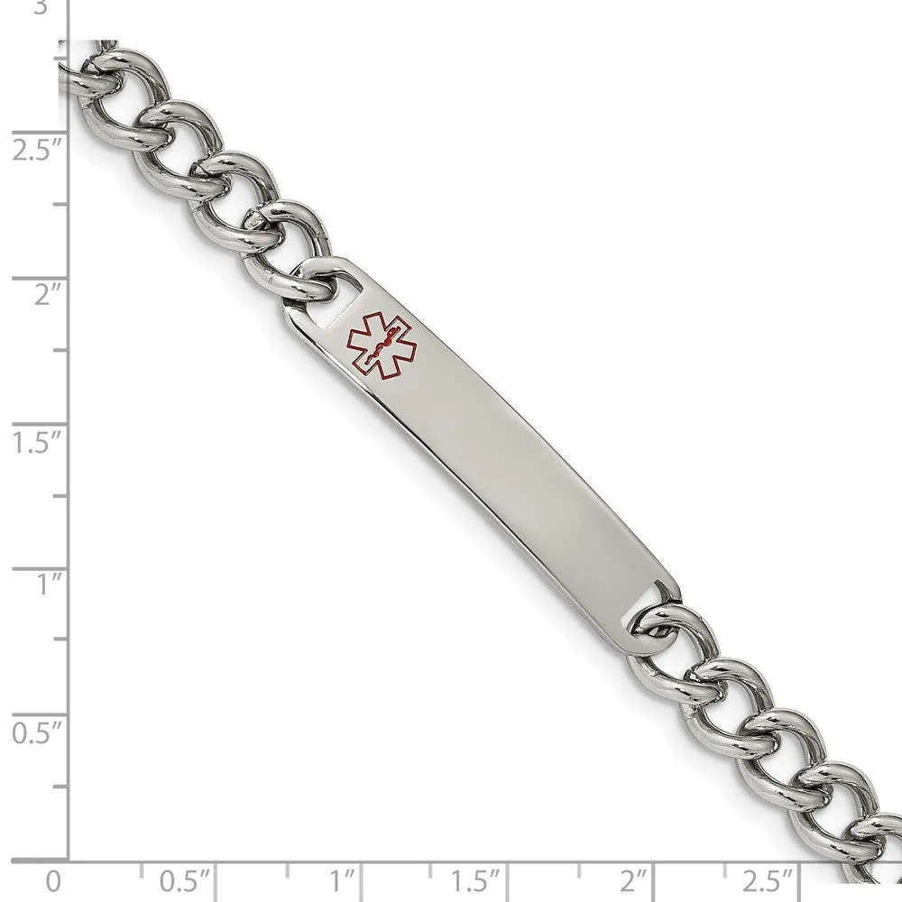 8mm Stainless Steel Red Enamel Medical I.D. Curb Bracelet, 8 Inch