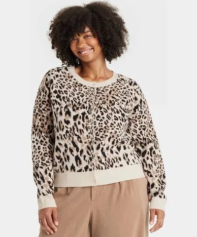 A New Day Women's Cozy Knit Cardigan - A New Day™ Brown Leopard Print 3X