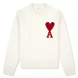 Ami Paris Red Ami De Coeur Logo Intarsia Off White Sweatshirt