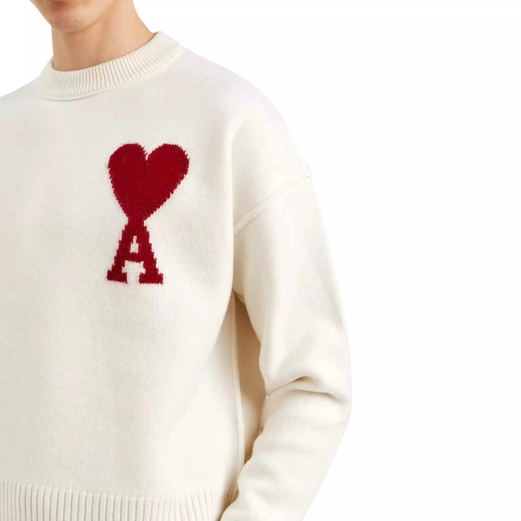 Ami Paris Red Ami De Coeur Logo Intarsia Off White Sweatshirt