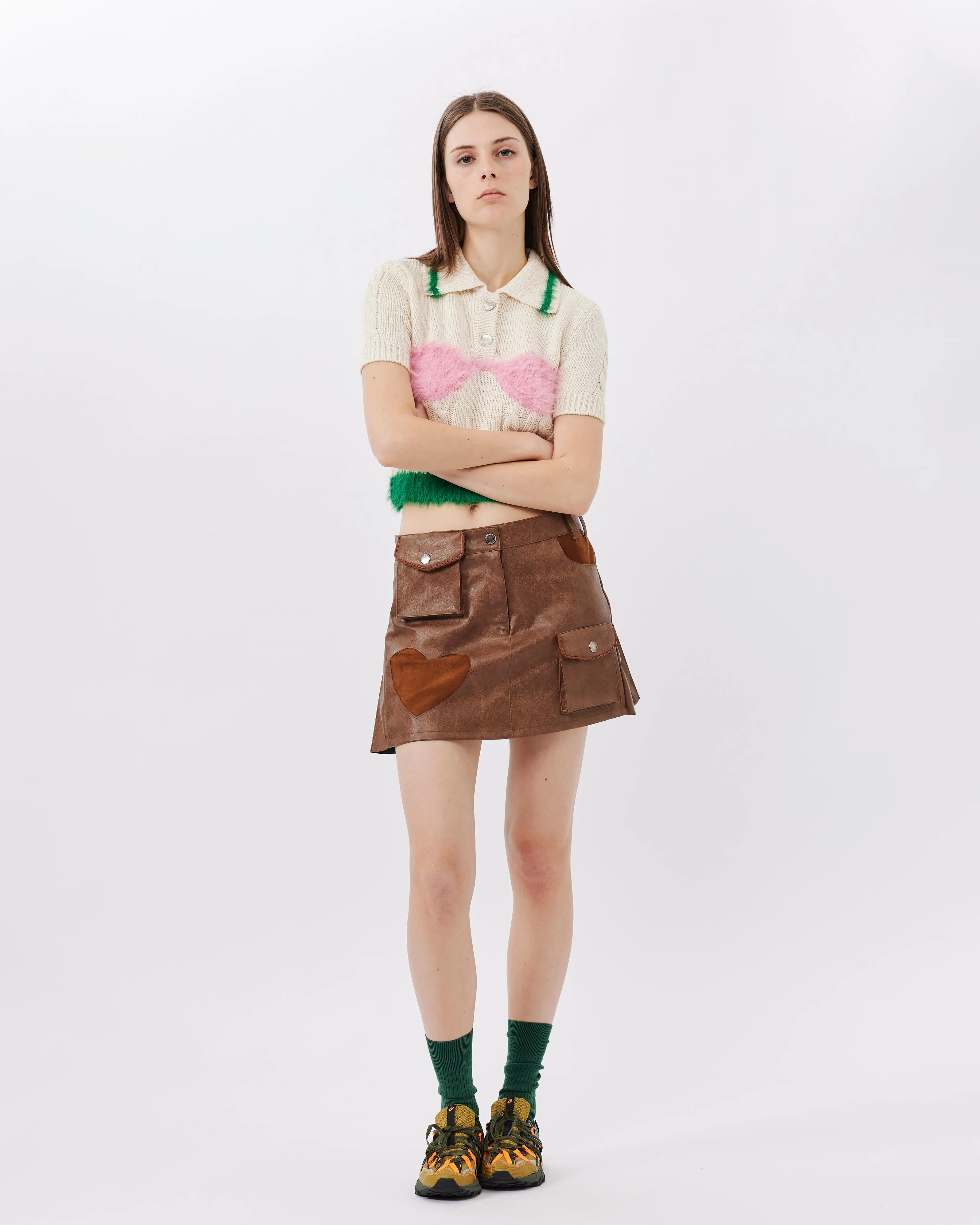 Arina Heart & Pleats Faux Leather Skirt