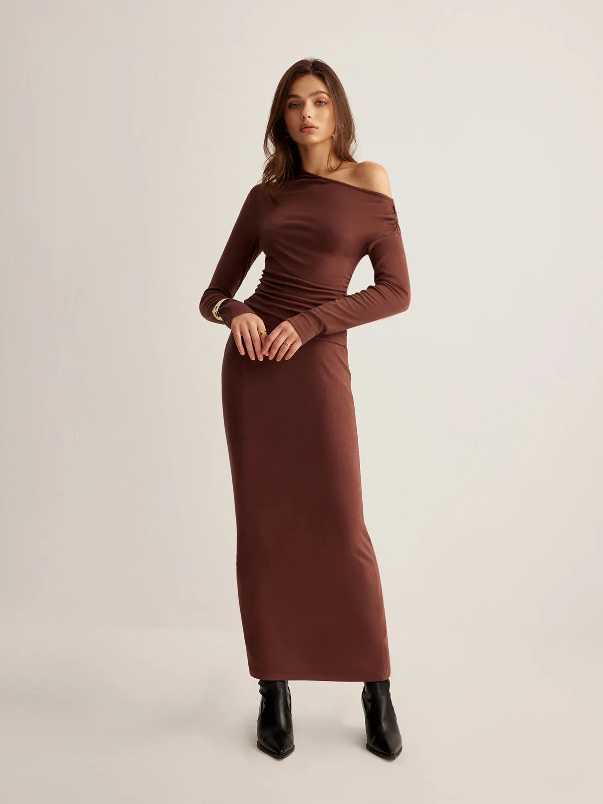 Asymmetrical Neck Slim Jersey Skirt Set