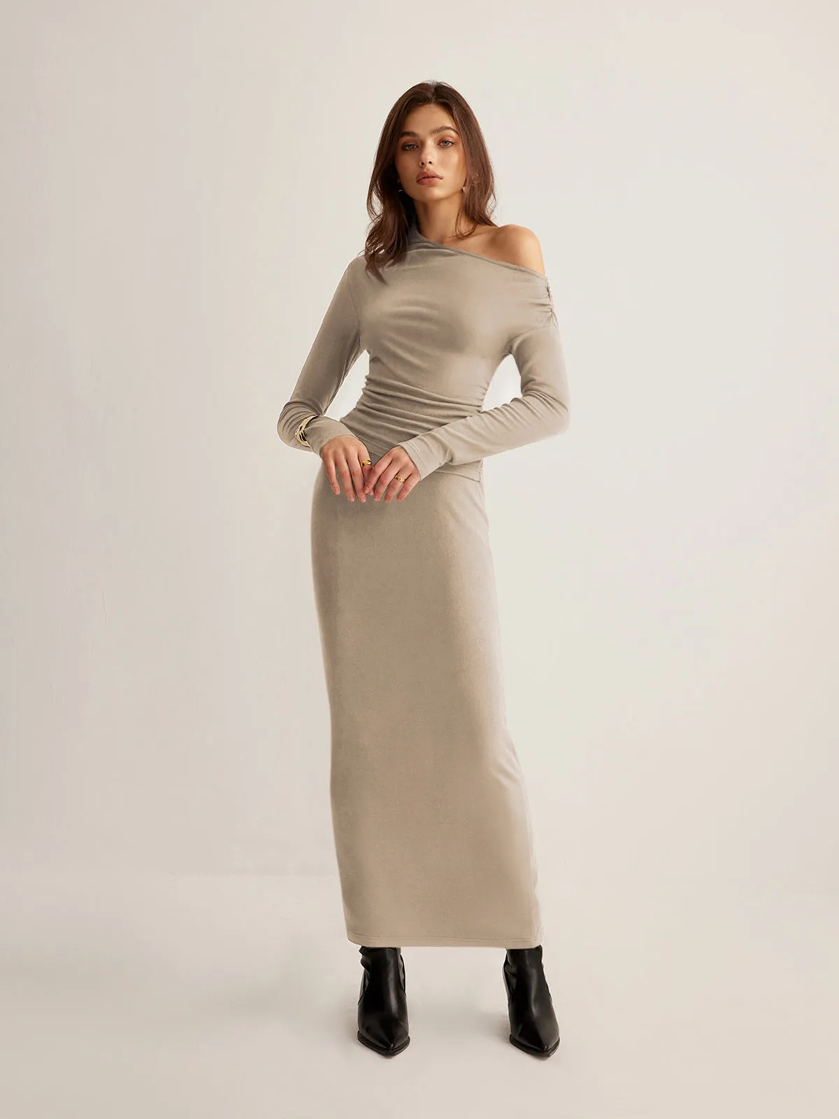 Asymmetrical Neck Slim Jersey Skirt Set