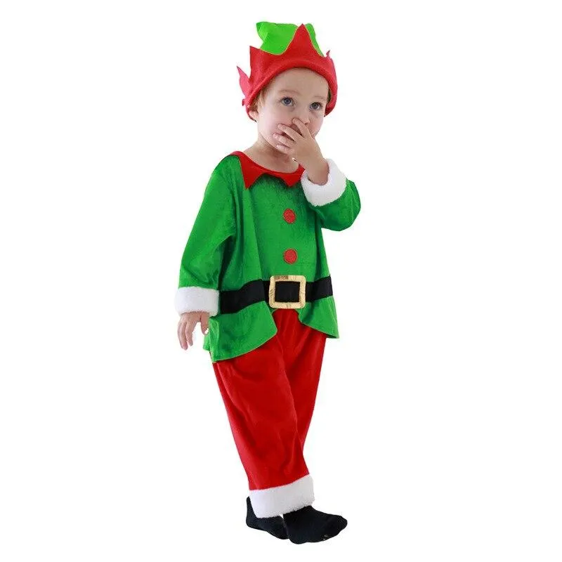 baby Clothes Christmas Children Cosplay Santa?Claus Green baby Onesie Jumpsuits 2-3y Festival Party Clothing Kids New?year Appar