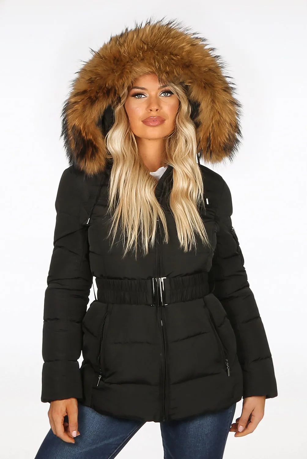 Black Belted Quilted Fur Hood Puffer Jacket