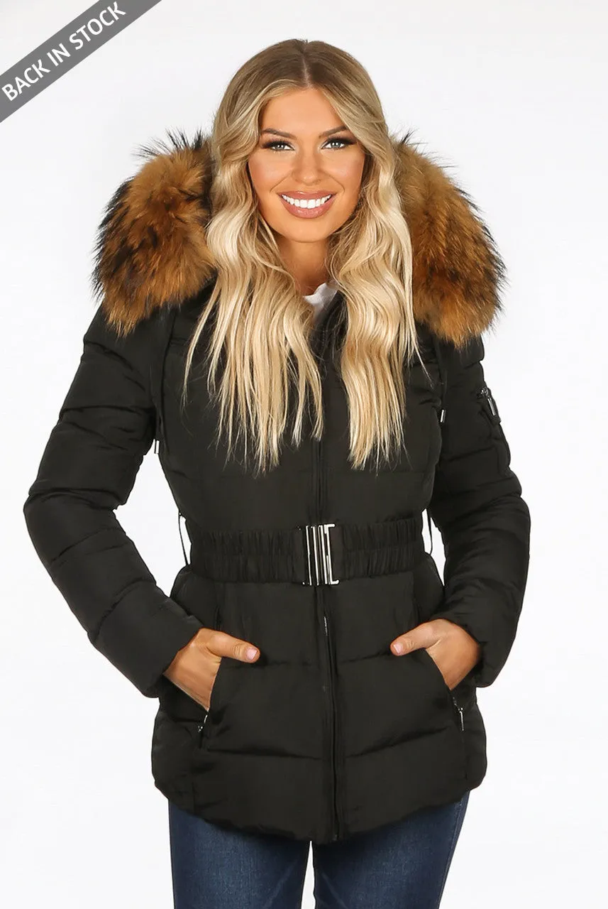 Black Belted Quilted Fur Hood Puffer Jacket