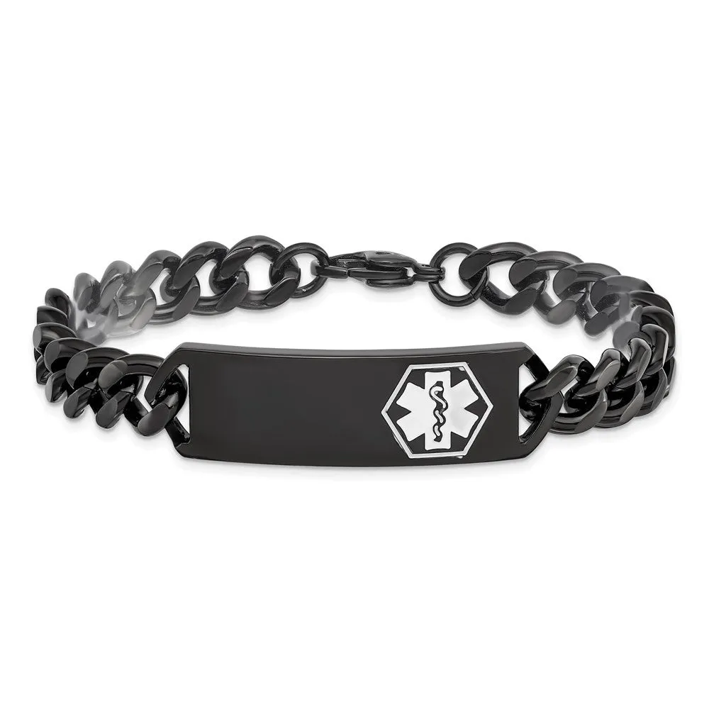 Black Plated Stainless Steel White Enamel Medical I.D. Bracelet, 8 In