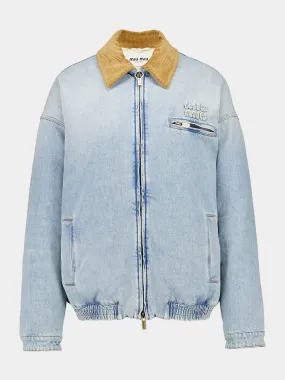 Blue Padded Denim Jacket With Corduroy Collar