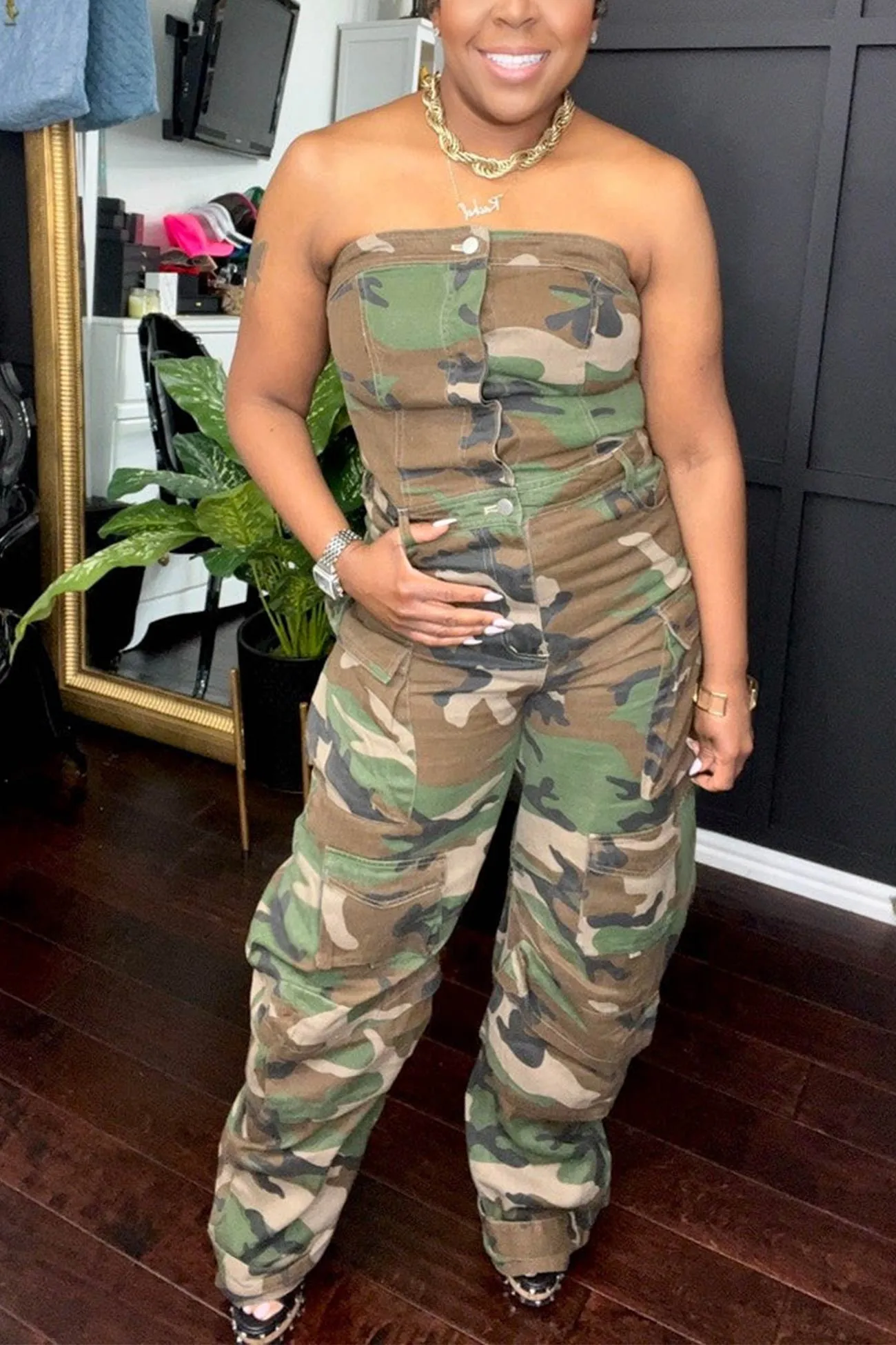 Camouflage Single-breasted Strapless Jumpsuits