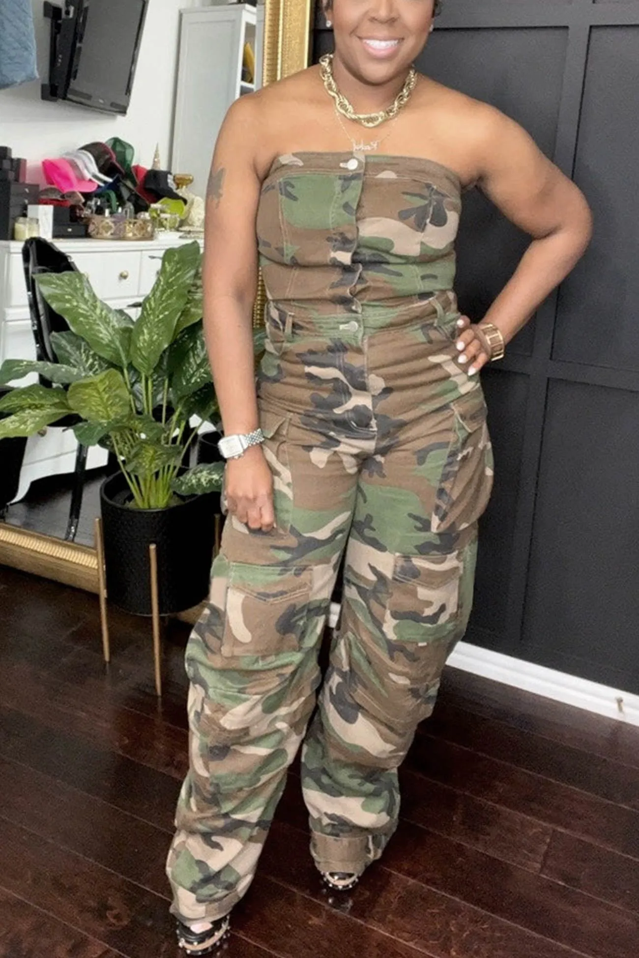 Camouflage Single-breasted Strapless Jumpsuits