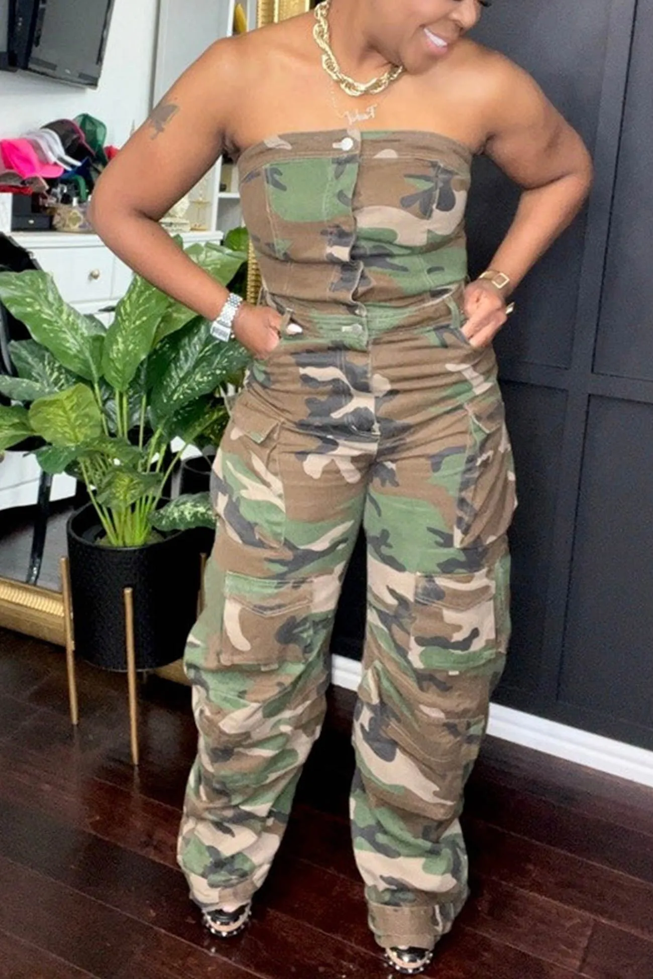 Camouflage Single-breasted Strapless Jumpsuits