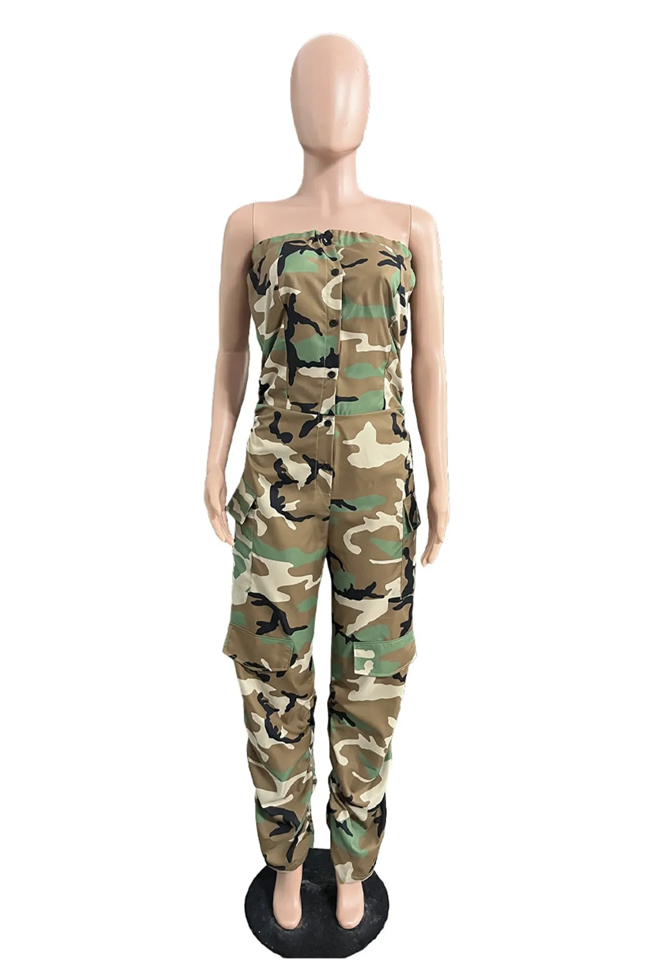 Camouflage Single-breasted Strapless Jumpsuits