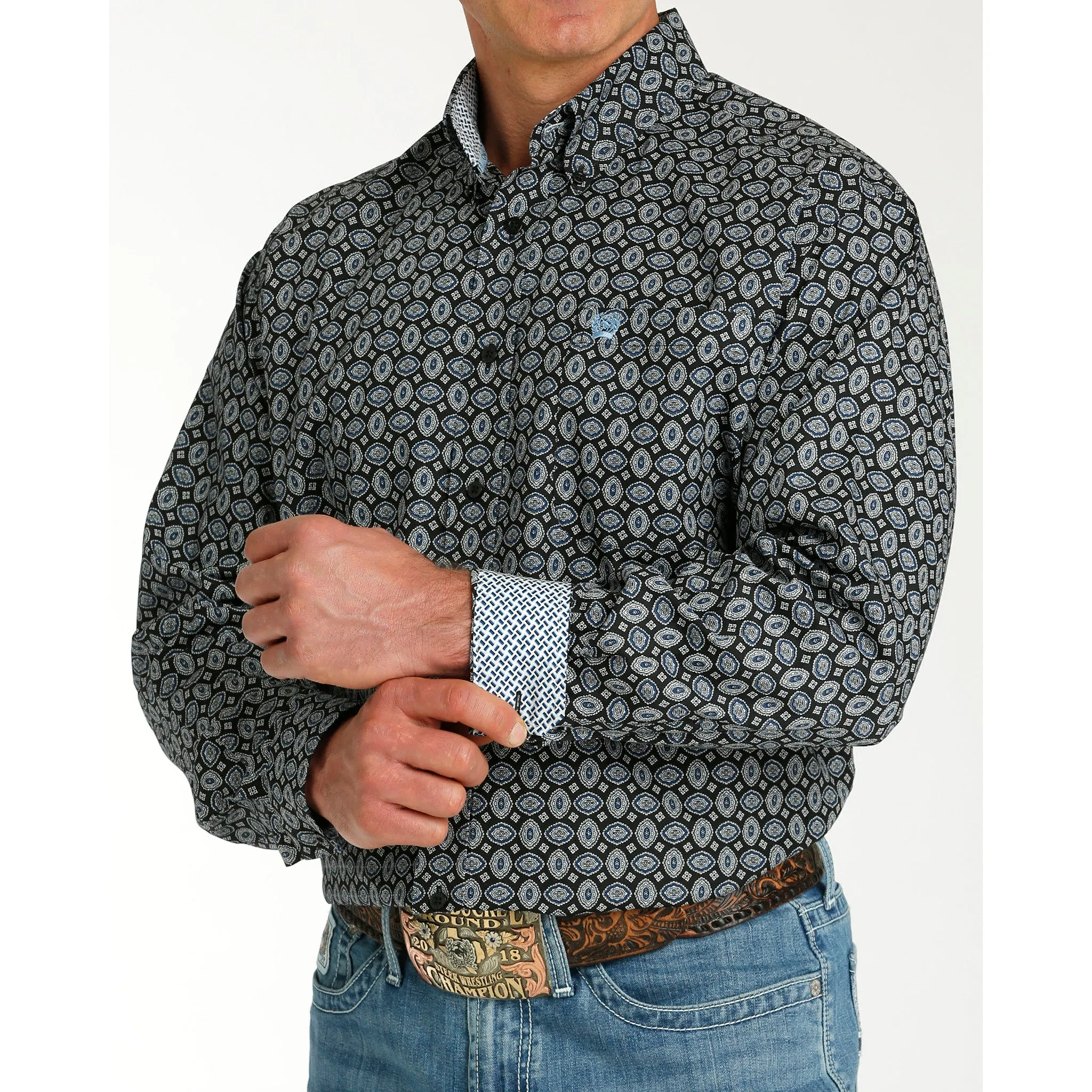 Cinch Men's Black & Blue Geo Print Long Sleeve