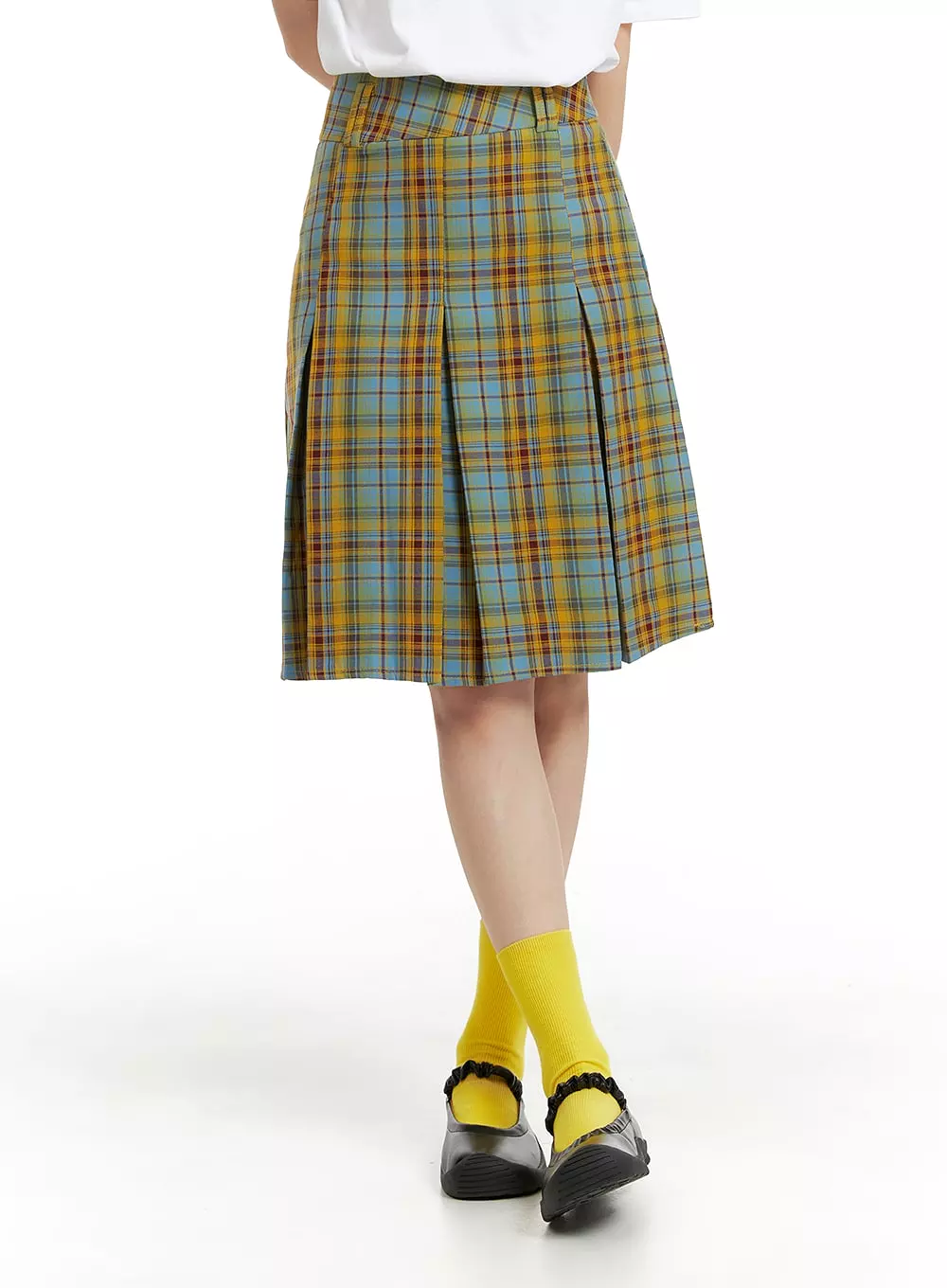 Contrasting Plaid Pleated Midi Skirt OM408