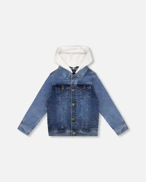 Denim Jacket With French Terry Hood White And Denim Blue