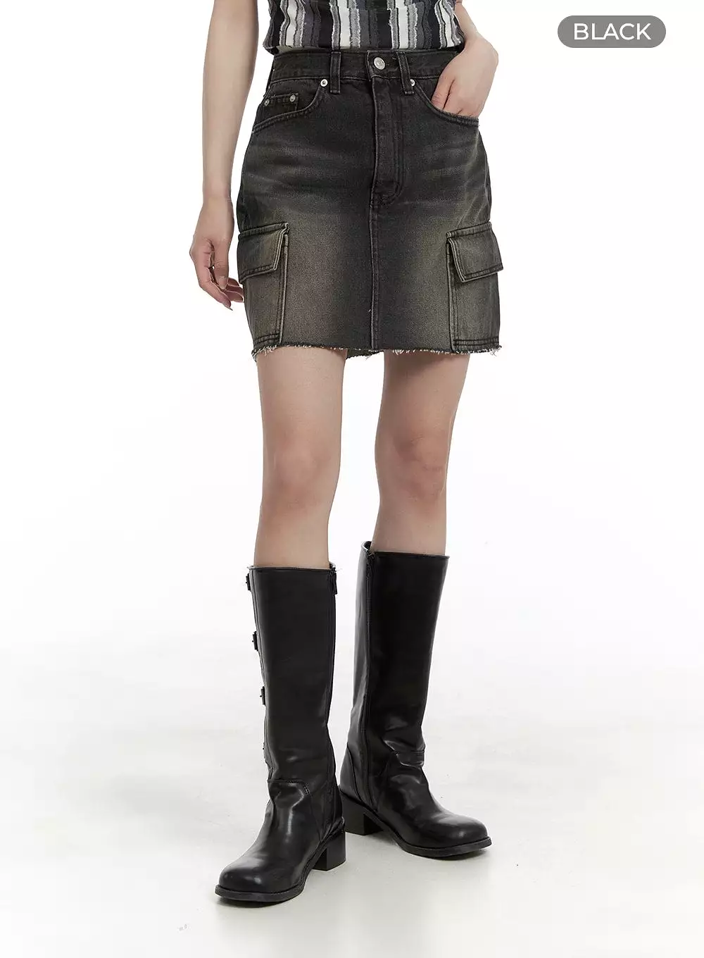 Destroyed Hem Cargo Denim Mini Skirt CA402