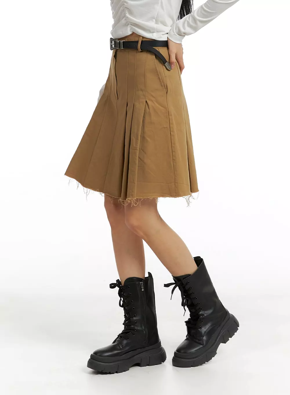 Destroyed Hem Pleated Midi Skirt CM407