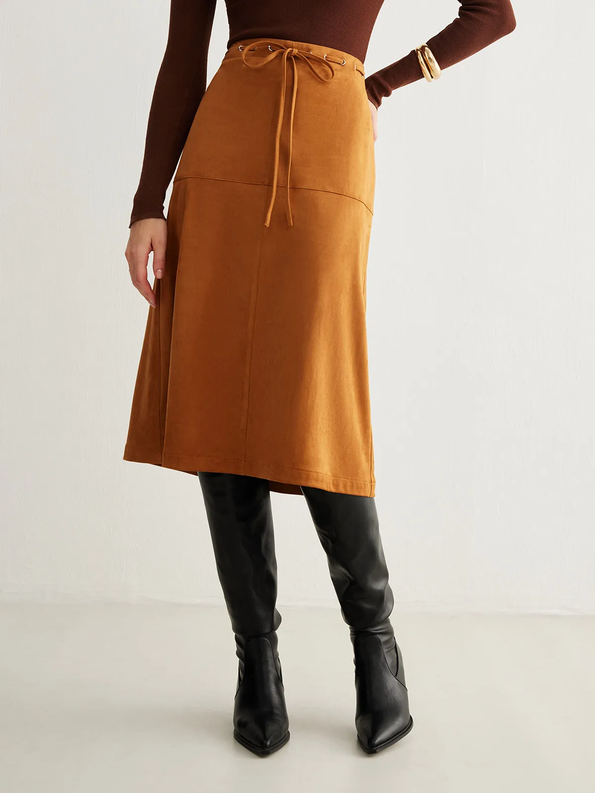 Drawstring Back-Zipper Suede Skirt