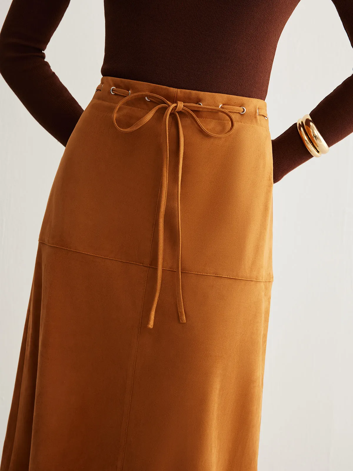 Drawstring Back-Zipper Suede Skirt