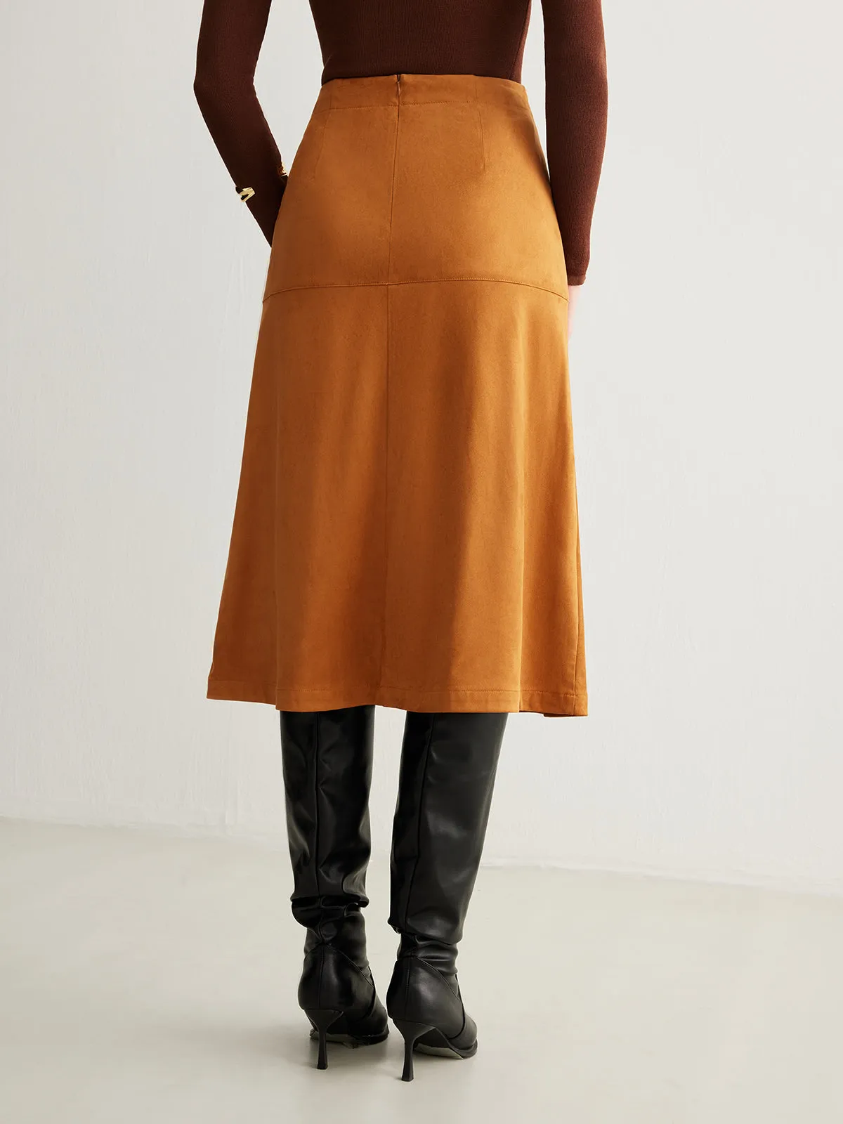 Drawstring Back-Zipper Suede Skirt