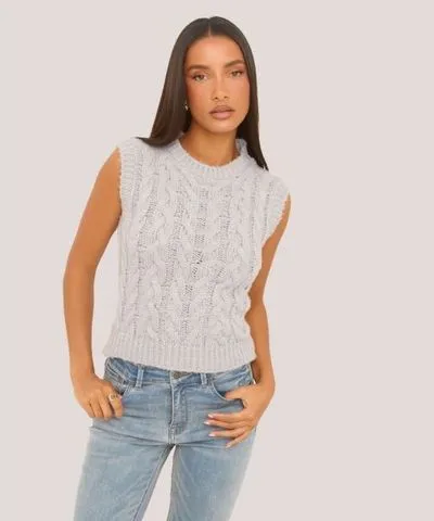 EGO Crew Neck Vest Top In Grey Cable Knit