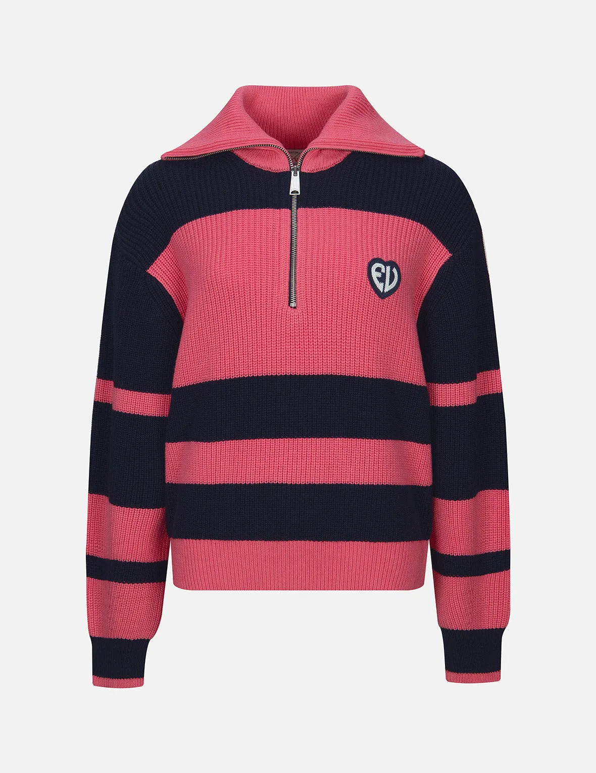 EV Heart Badge Striped Cropped Half-Zip Sweater