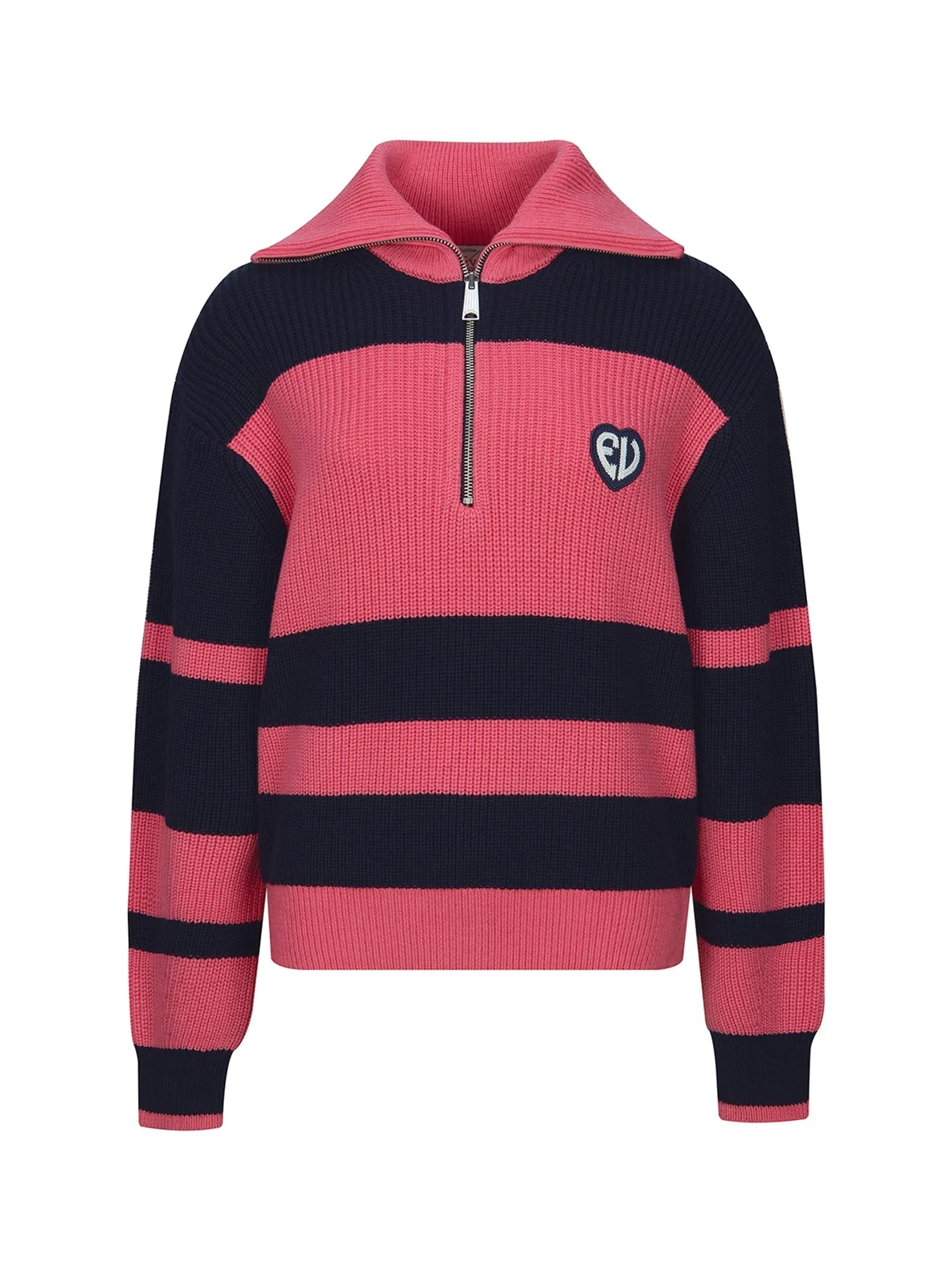 EV Heart Badge Striped Cropped Half-Zip Sweater