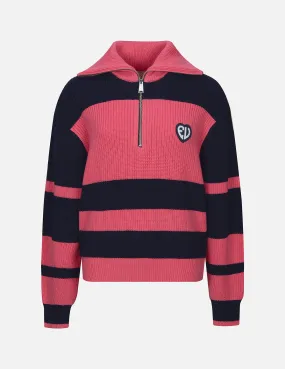 EV Heart Badge Striped Cropped Half-Zip Sweater