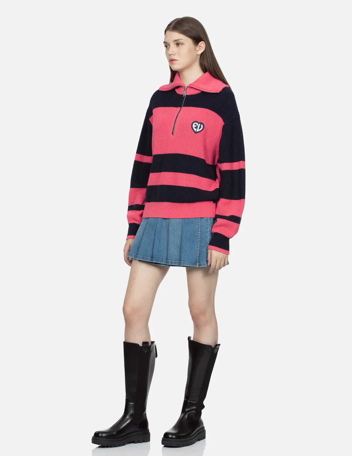 EV Heart Badge Striped Cropped Half-Zip Sweater