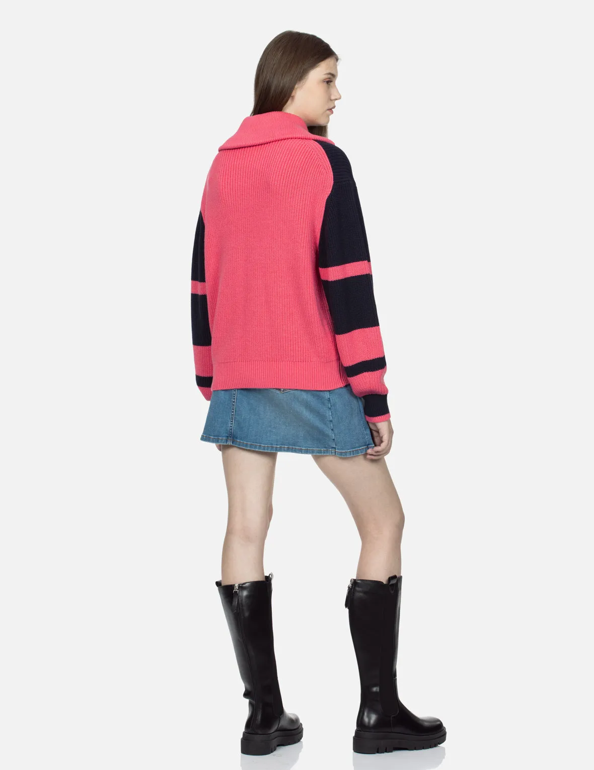 EV Heart Badge Striped Cropped Half-Zip Sweater