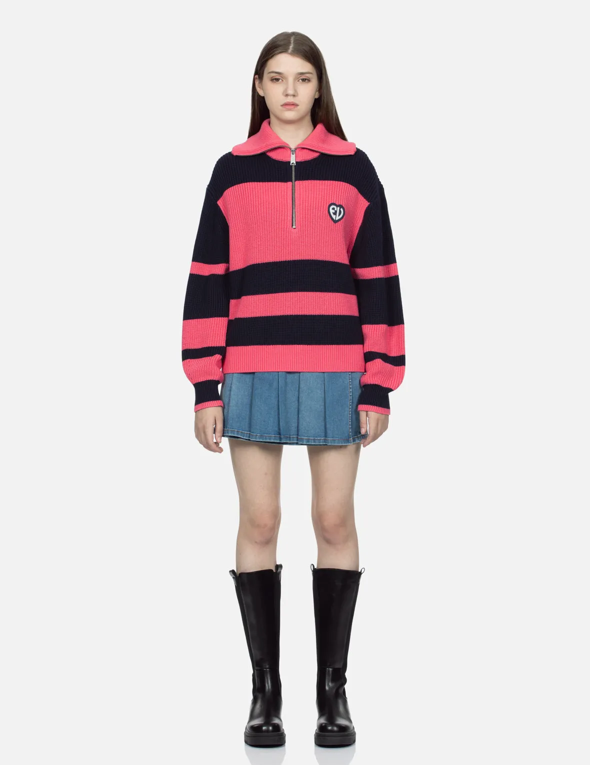 EV Heart Badge Striped Cropped Half-Zip Sweater