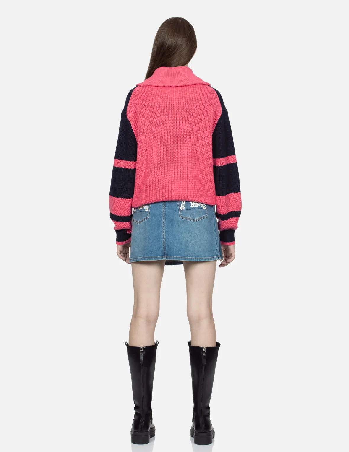 EV Heart Badge Striped Cropped Half-Zip Sweater