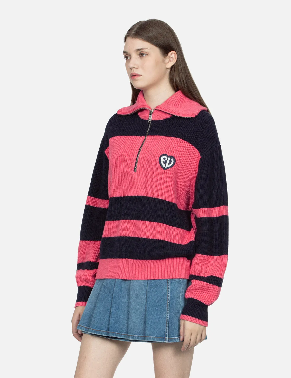 EV Heart Badge Striped Cropped Half-Zip Sweater