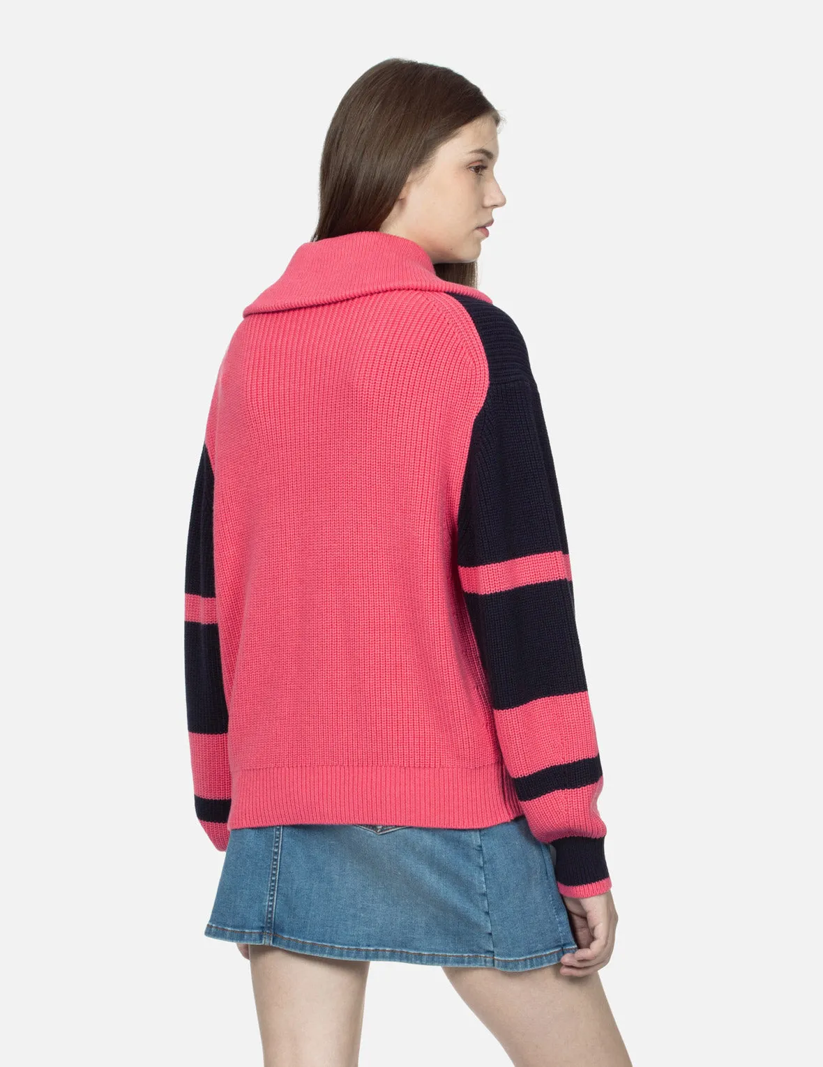 EV Heart Badge Striped Cropped Half-Zip Sweater