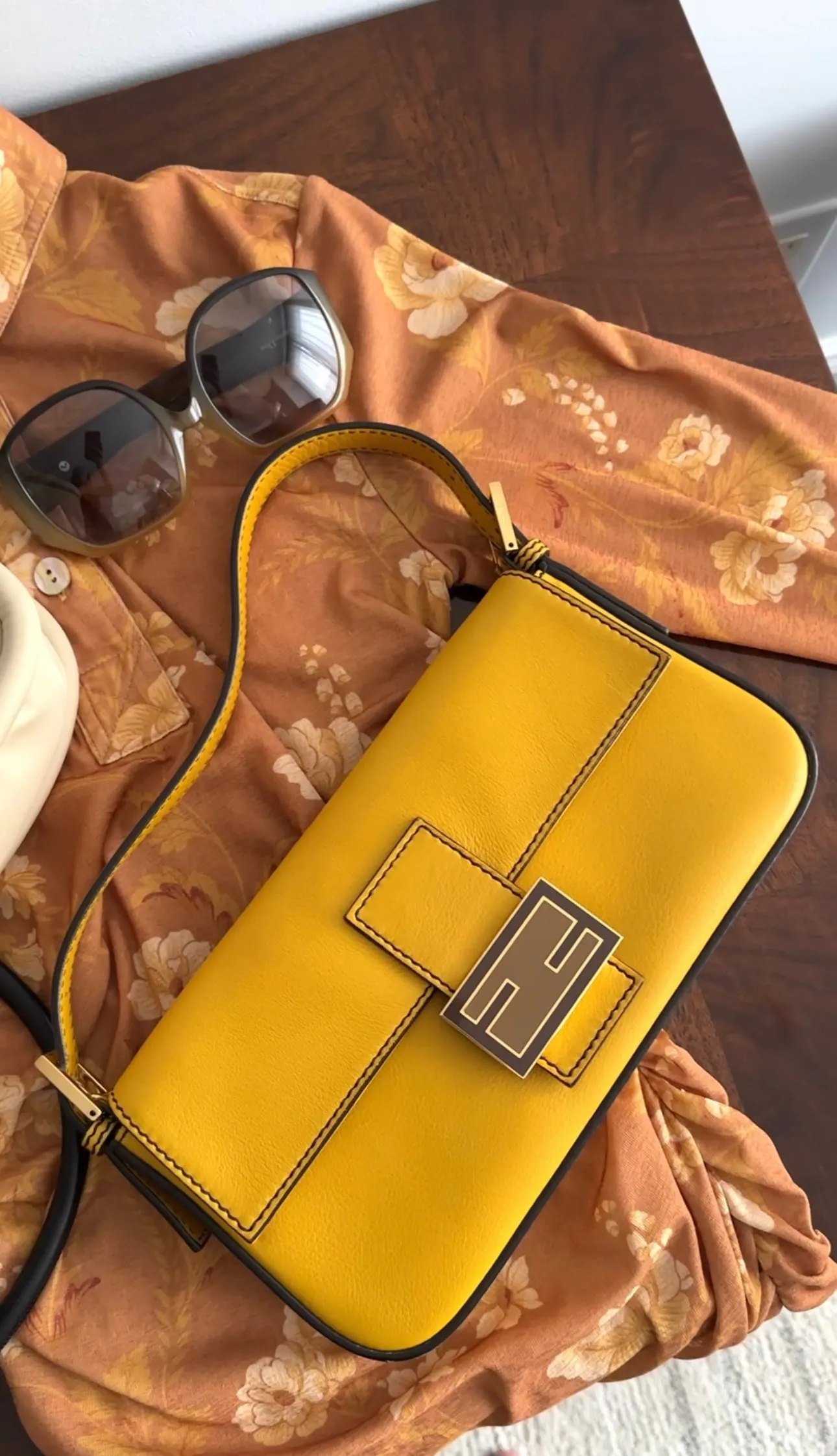 Fendi Mustard Yellow Baguette Bag with Enamel Clasp