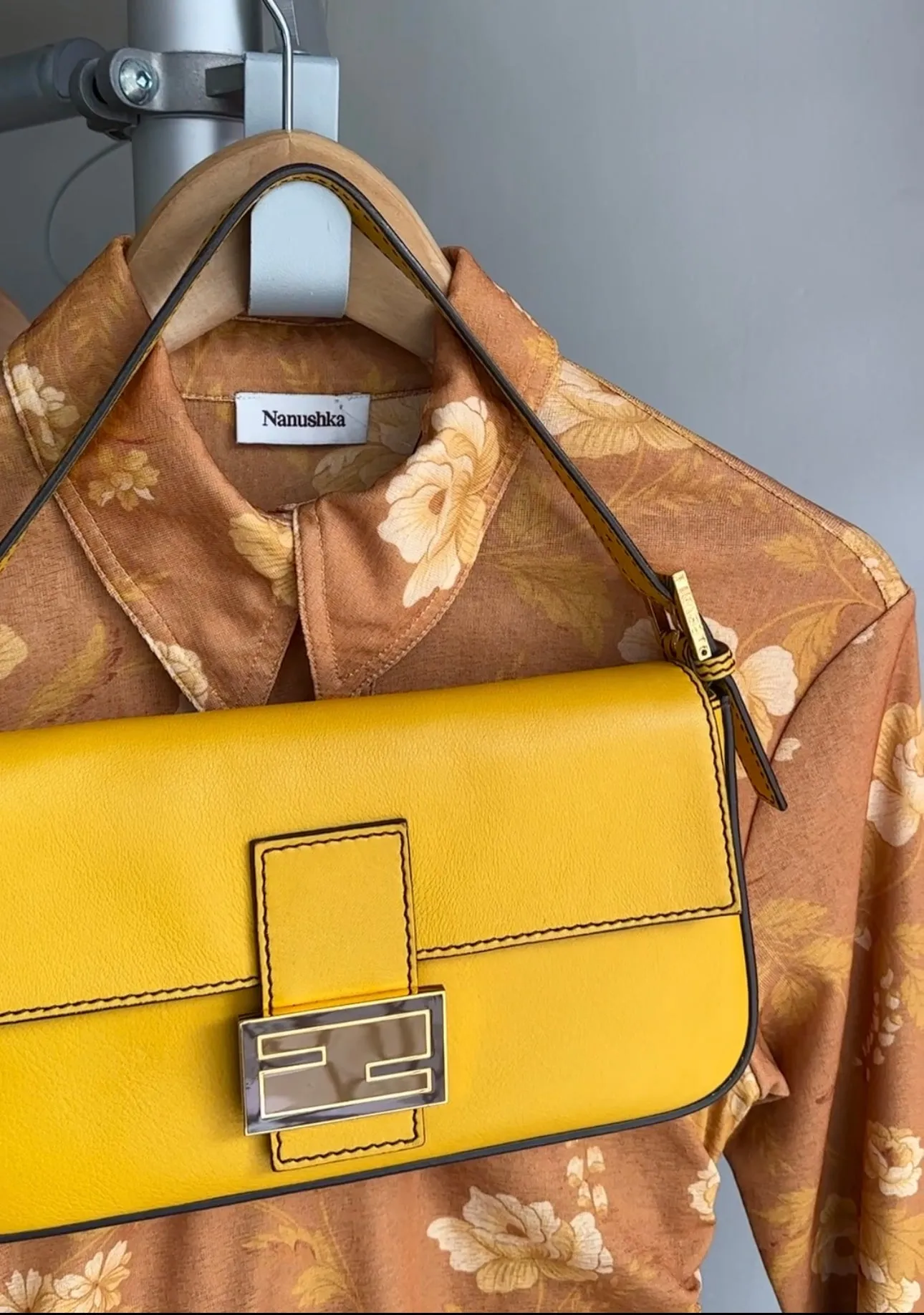 Fendi Mustard Yellow Baguette Bag with Enamel Clasp