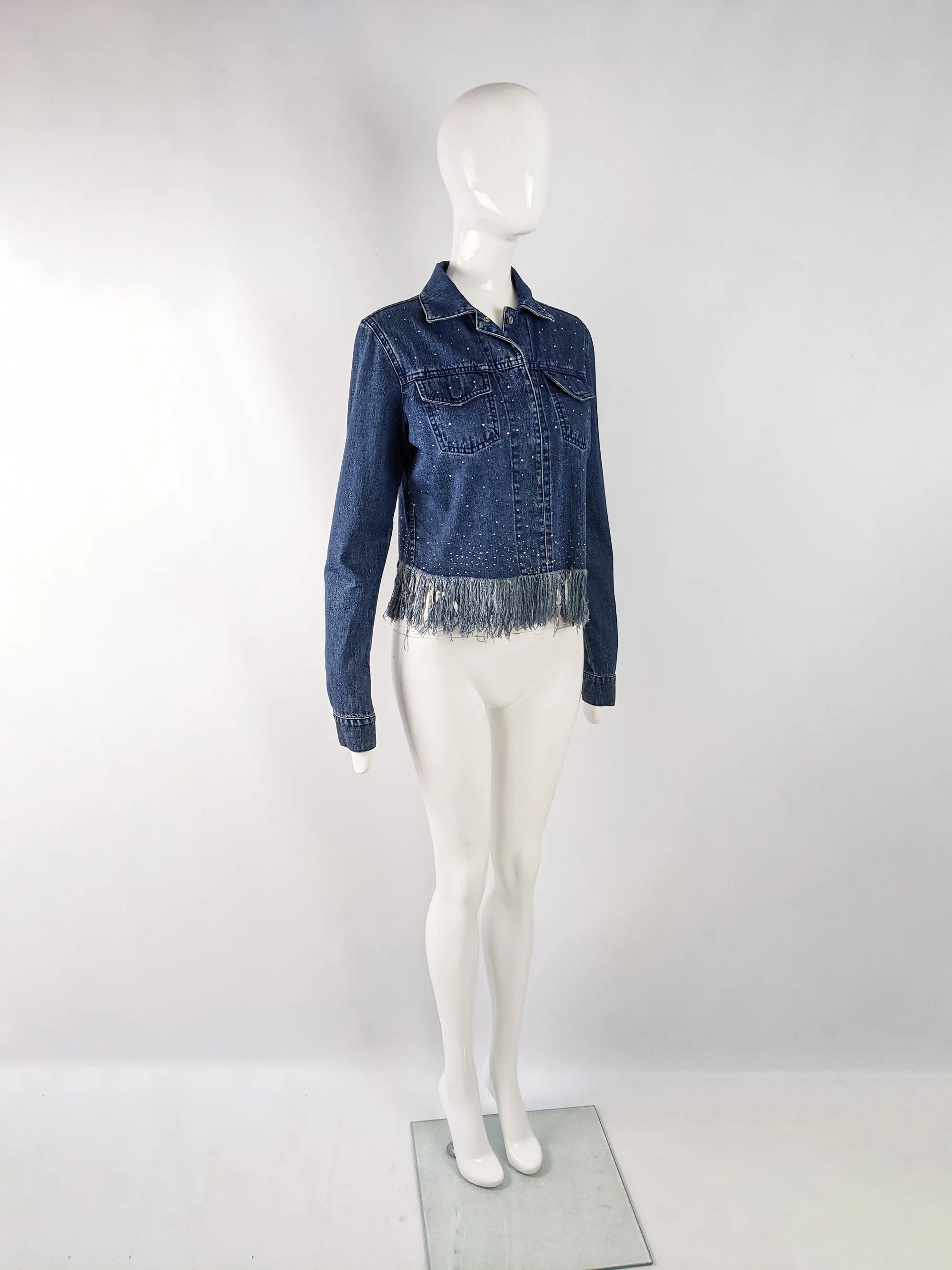 Fendi Vintage Womens Y2K Rhinestone Frayed Fringed Denim Jacket, 1990s