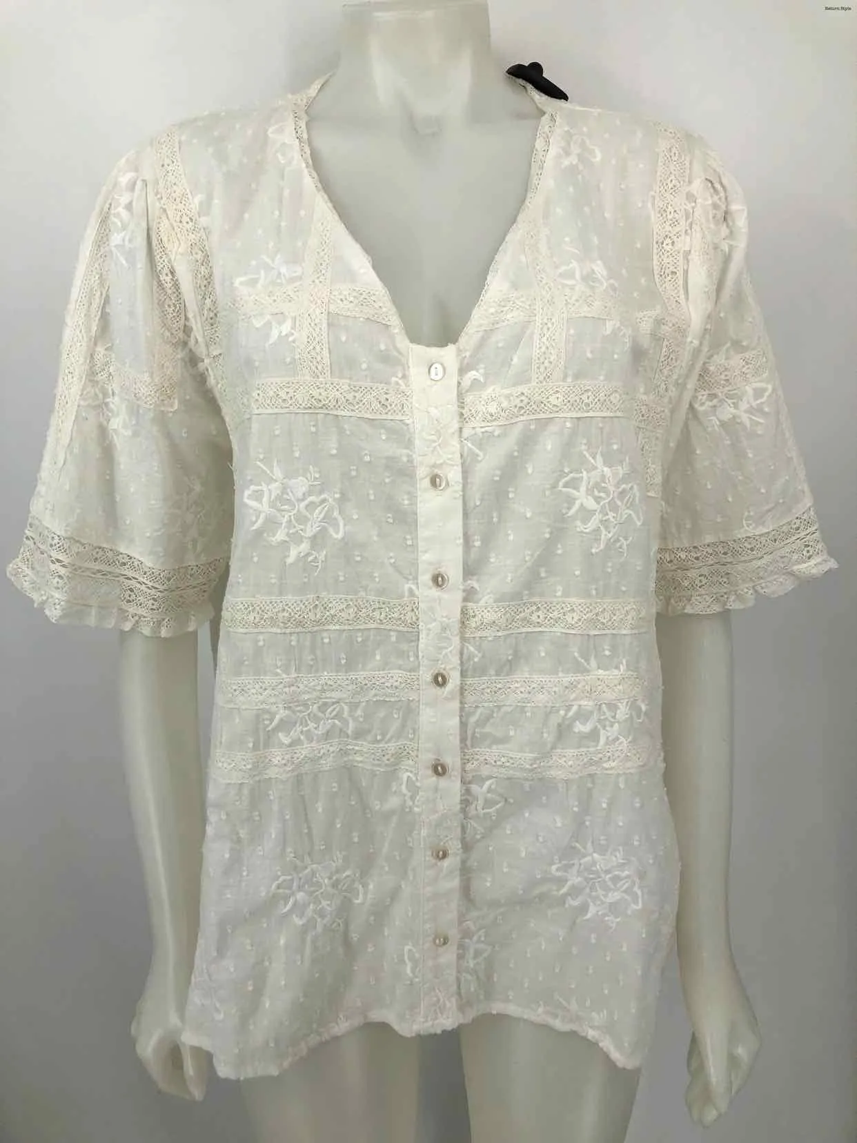 FOREVER THAT GIRL - ANTHROPOLOGIE White Cotton Embroidered Short Sleeves Top