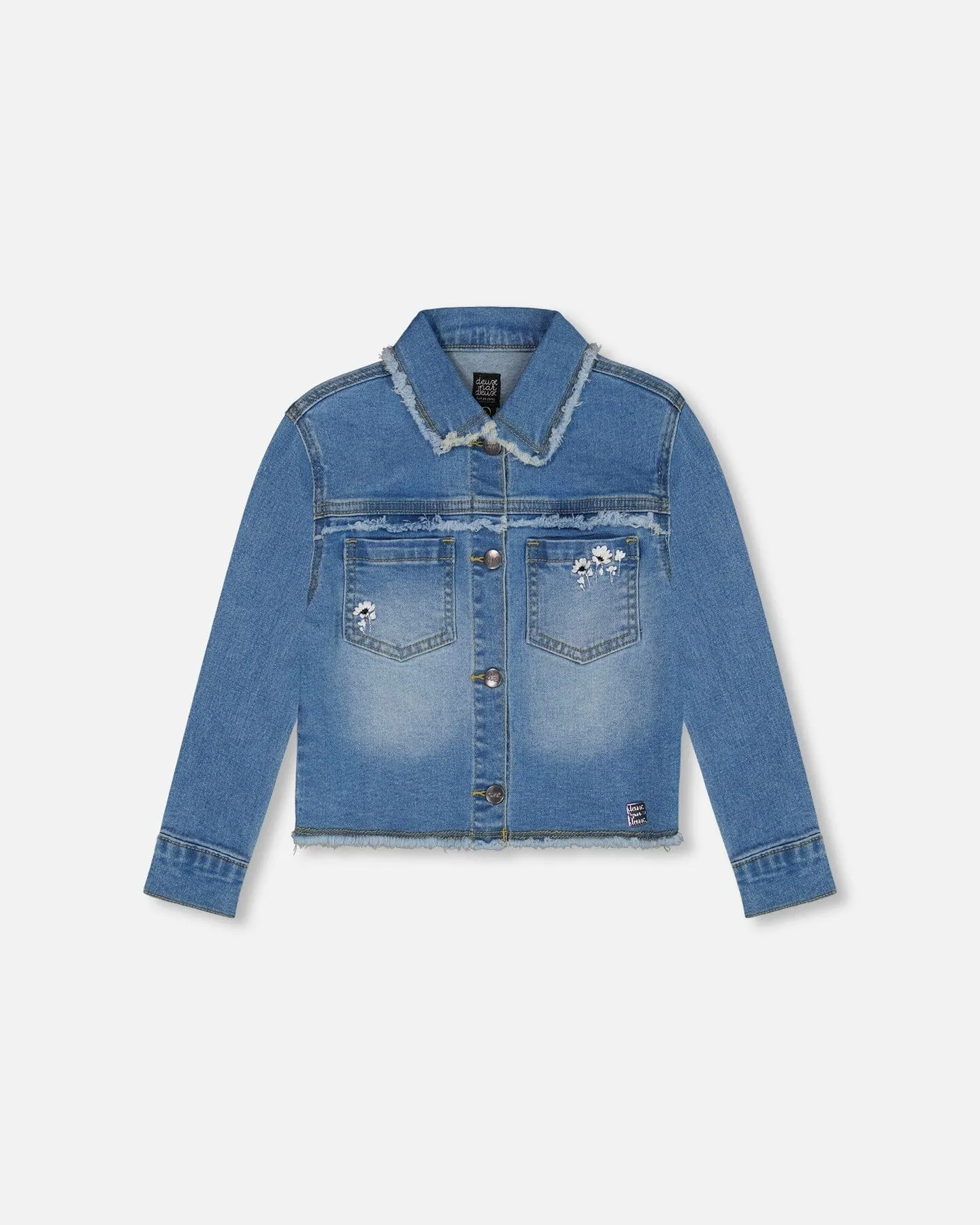 Frayed Denim Jacket With Embroidery Jeans Blue