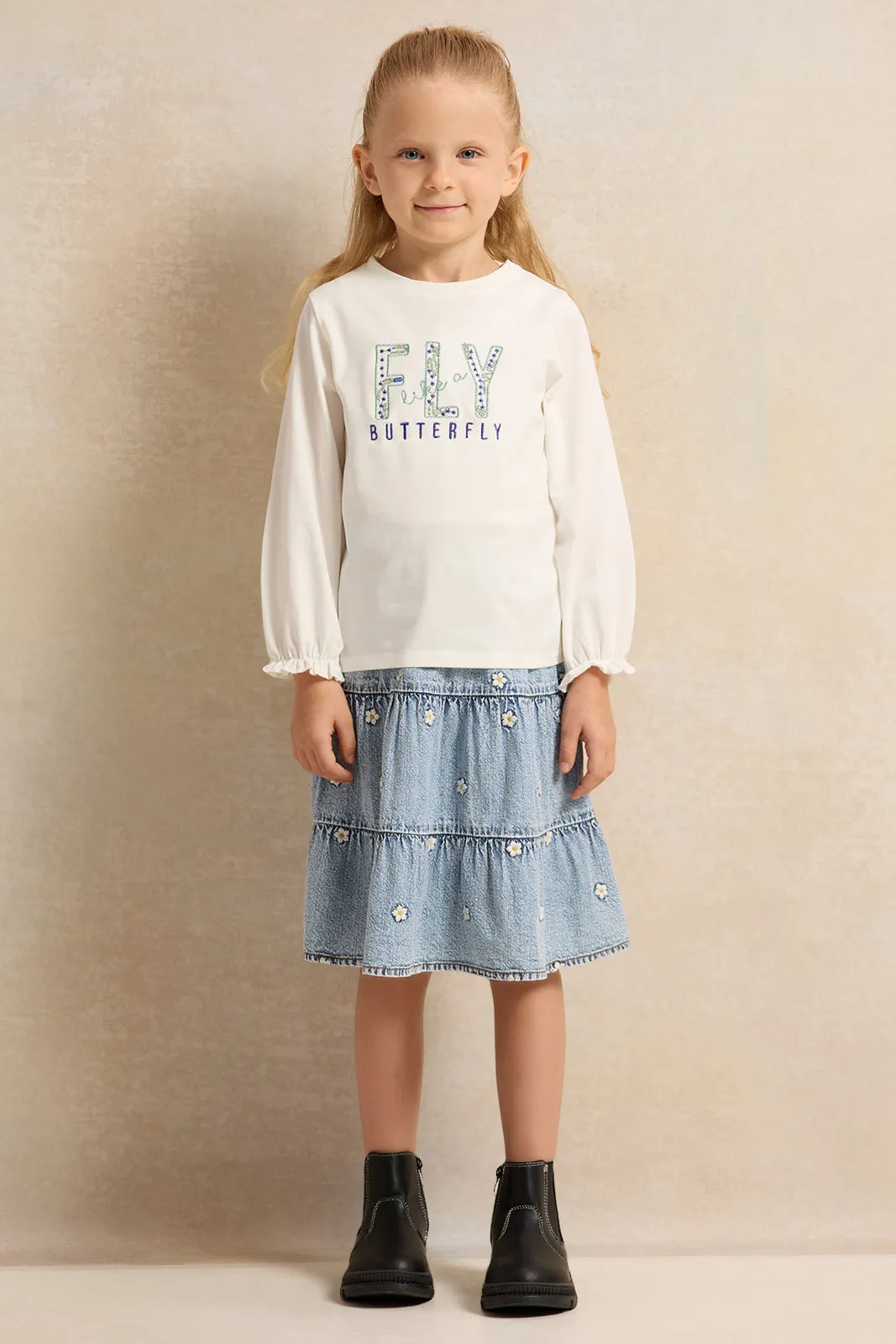 Girls Blue Embroidered Denim Skirt