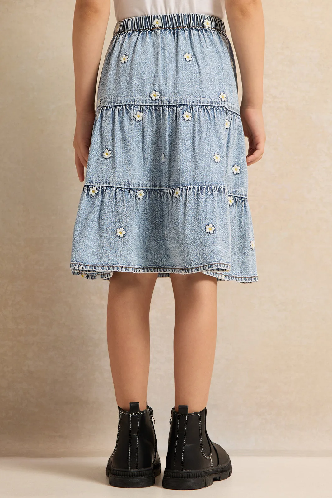 Girls Blue Embroidered Denim Skirt