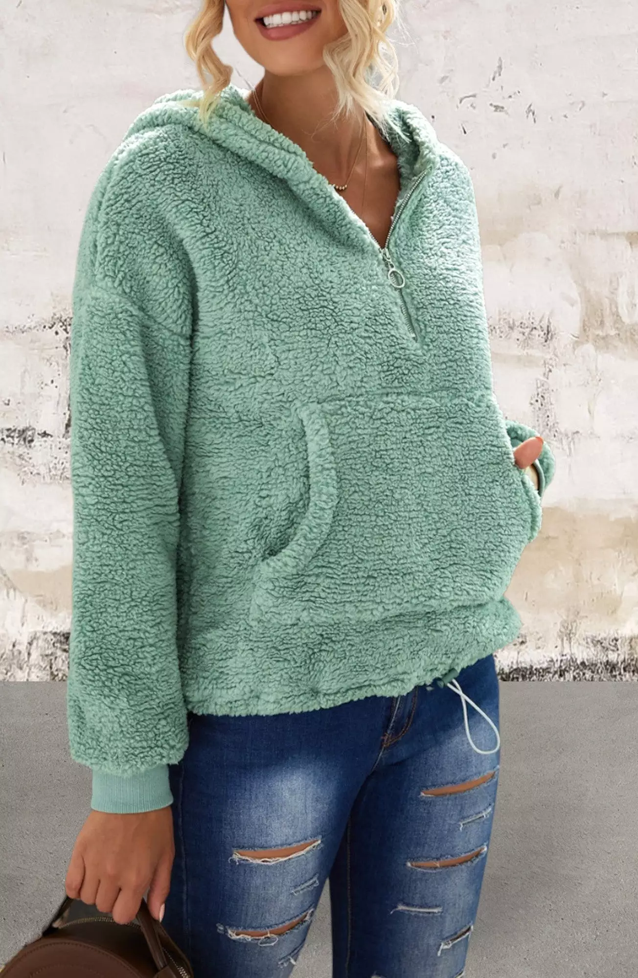 Green Long Sleeve Sherpa Hoodie with Kangaroo Pockets