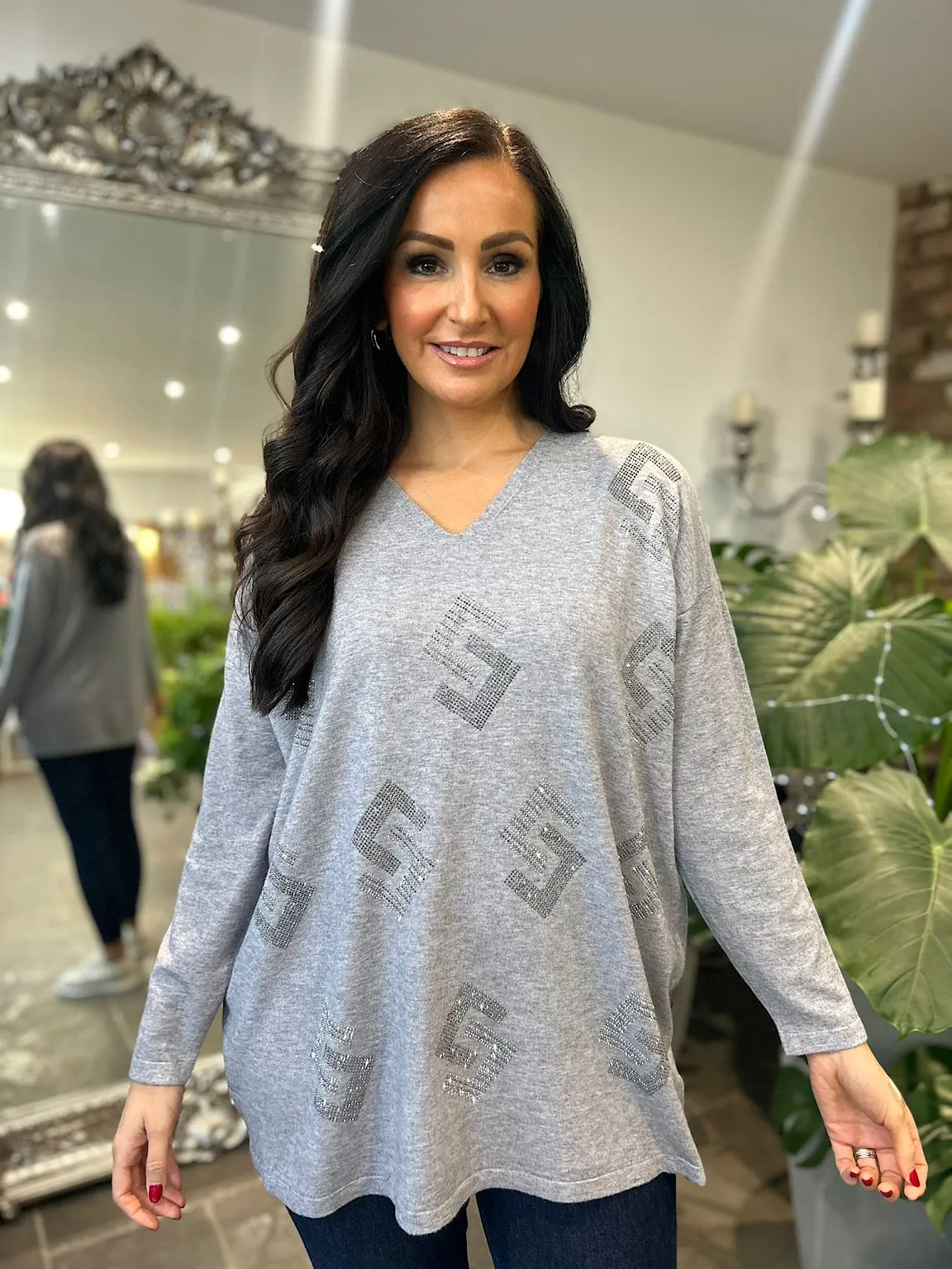 Grey Diamante Greek Key Knit Gail