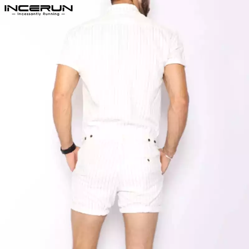 INCERUN Striped Men Rompers Breathable Stand Collar Short Sleeve Joggers Playsuits Streetwear Fashion Men Jumpsuits Shorts S2349