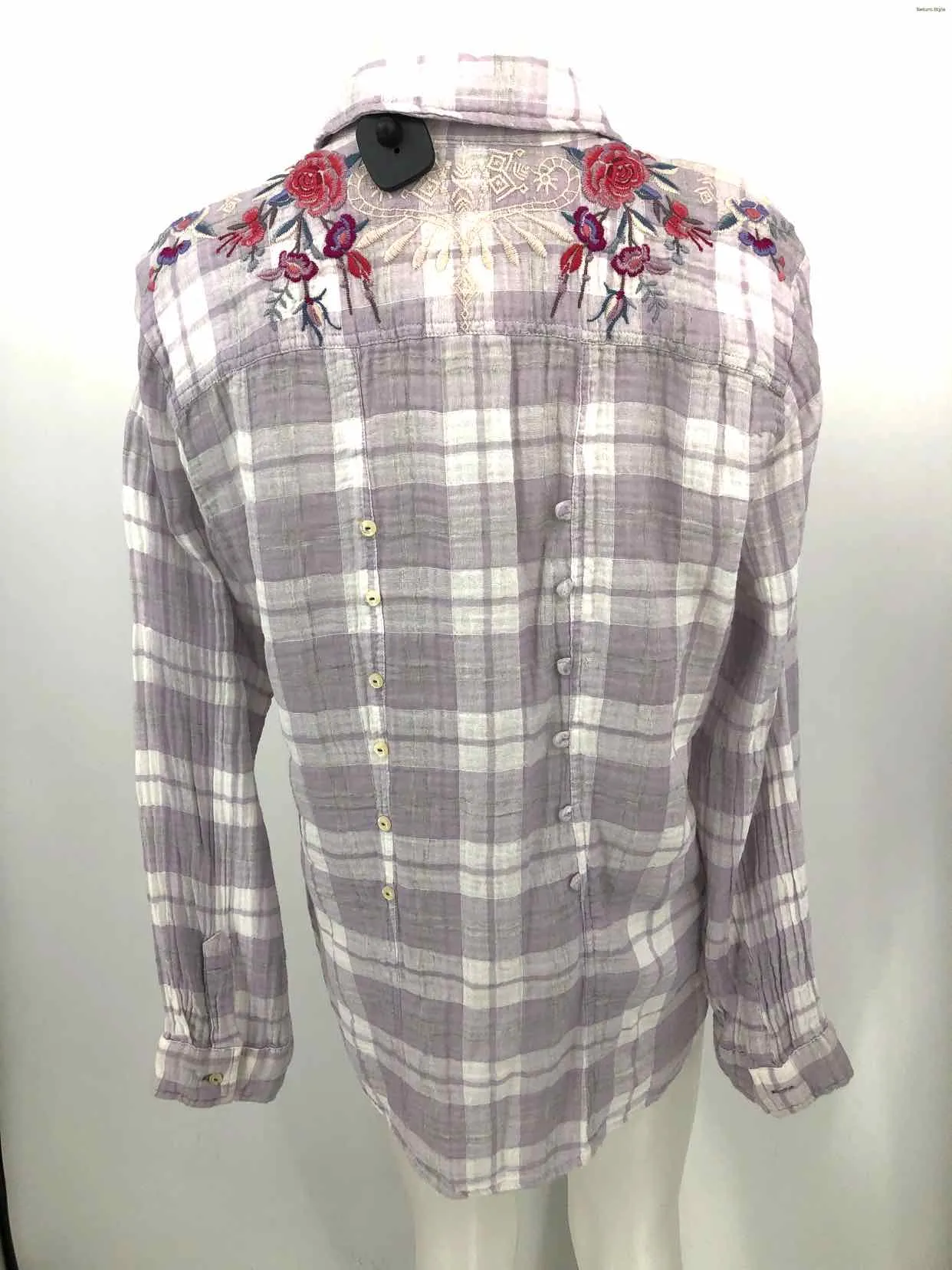 JOHNNY WAS Lilac Red Multi Cotton Blend Embroidered Button Up Top