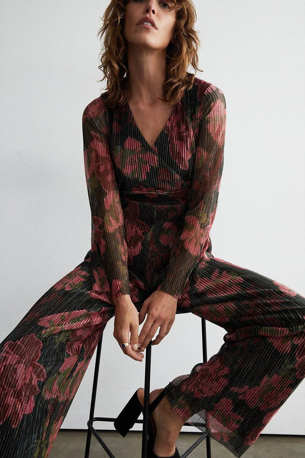 Jumpsuits | Floral Metallic Plisse Wrap Jumpsuit | Warehouse