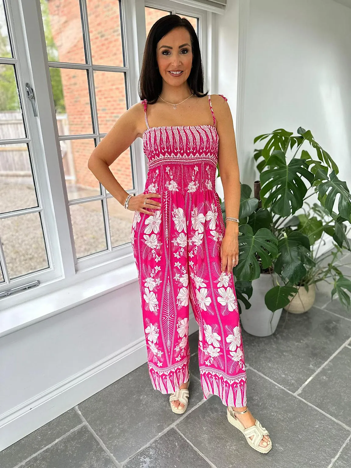 Lipstick Pink Flower Print Jumpsuit