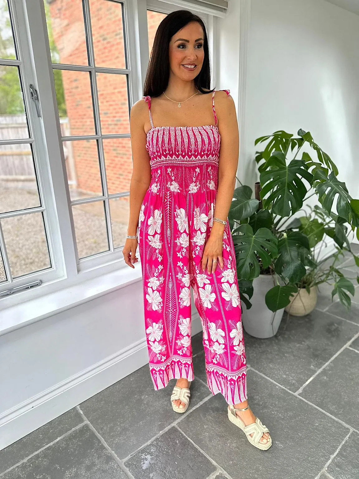 Lipstick Pink Flower Print Jumpsuit